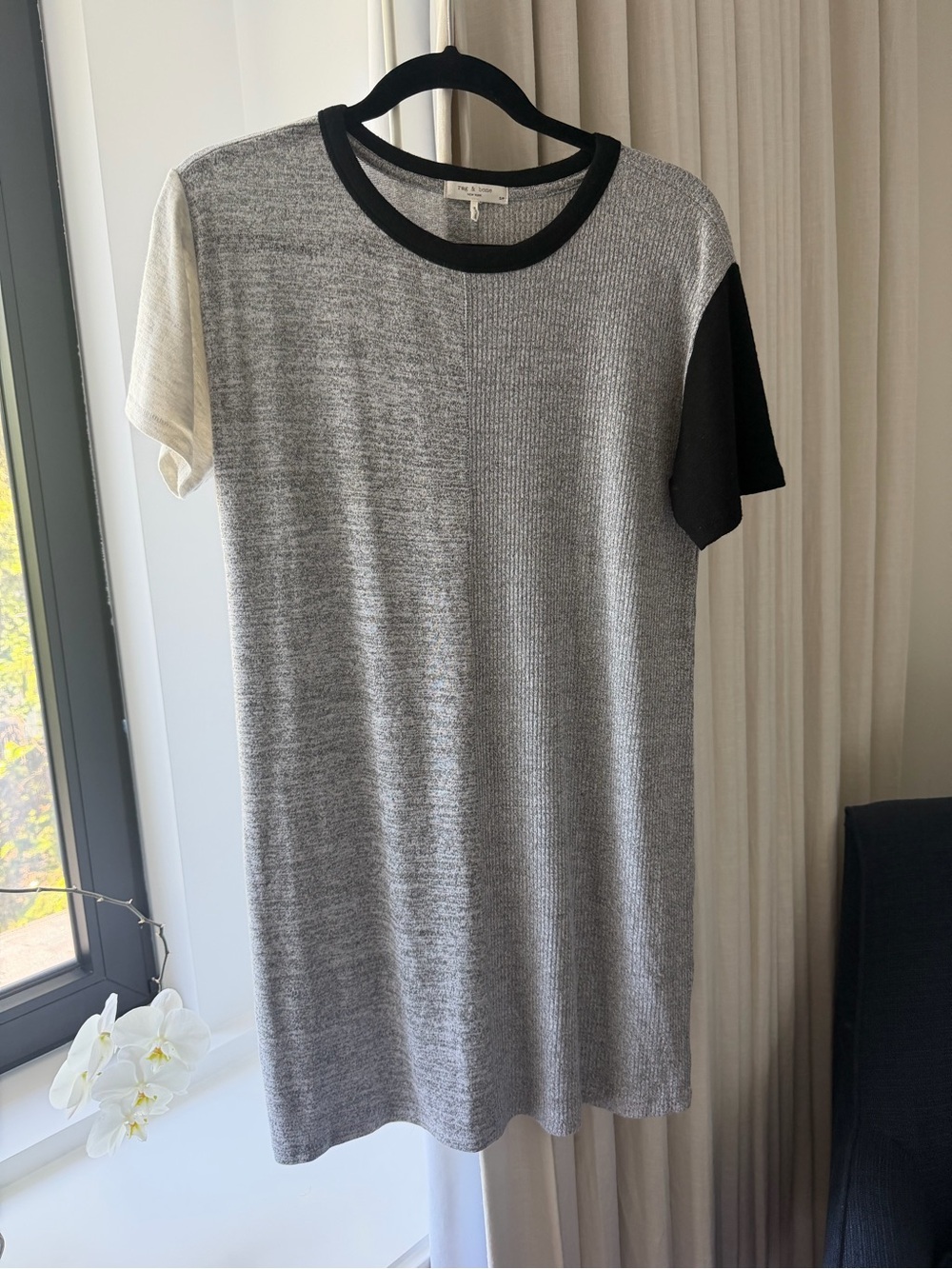 Colorblock Knit T-Shirt Dress - Black, Gray & Cream